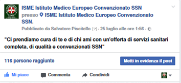 ISME - Istituto Medico Europeo Palermo, direttore sanitario Salvatore Piscitello, CONVENZIONATO SSN SERVIZIO SANITARIO NAZIONALE, Allergologia e Immunologia clinica, Audiologia, Chirurgia Ambulatoriale, Chirurgia Estetica, Chirurgia Funzionale ed estetica del naso, Chirurgia Generale, Chirurgia Laparoscopica, Chirurgia Plastica e Ricostruttiva, Dermatologia e Venereologia, Diagnostica per immagini, Endocrinologia e malattie del ricambio, Foniatria, Ginecologia ed Ostetricia, Medicina Interna, Oculistica, Otorinolaringoiatria e Chirurgia Cervico - Facciale, Otorinolaringoiatria Pediatrica, Pediatria e Neonatologia, Psicologia Clinica, CONVENZIONATO PALERMO, SSN PALERMO